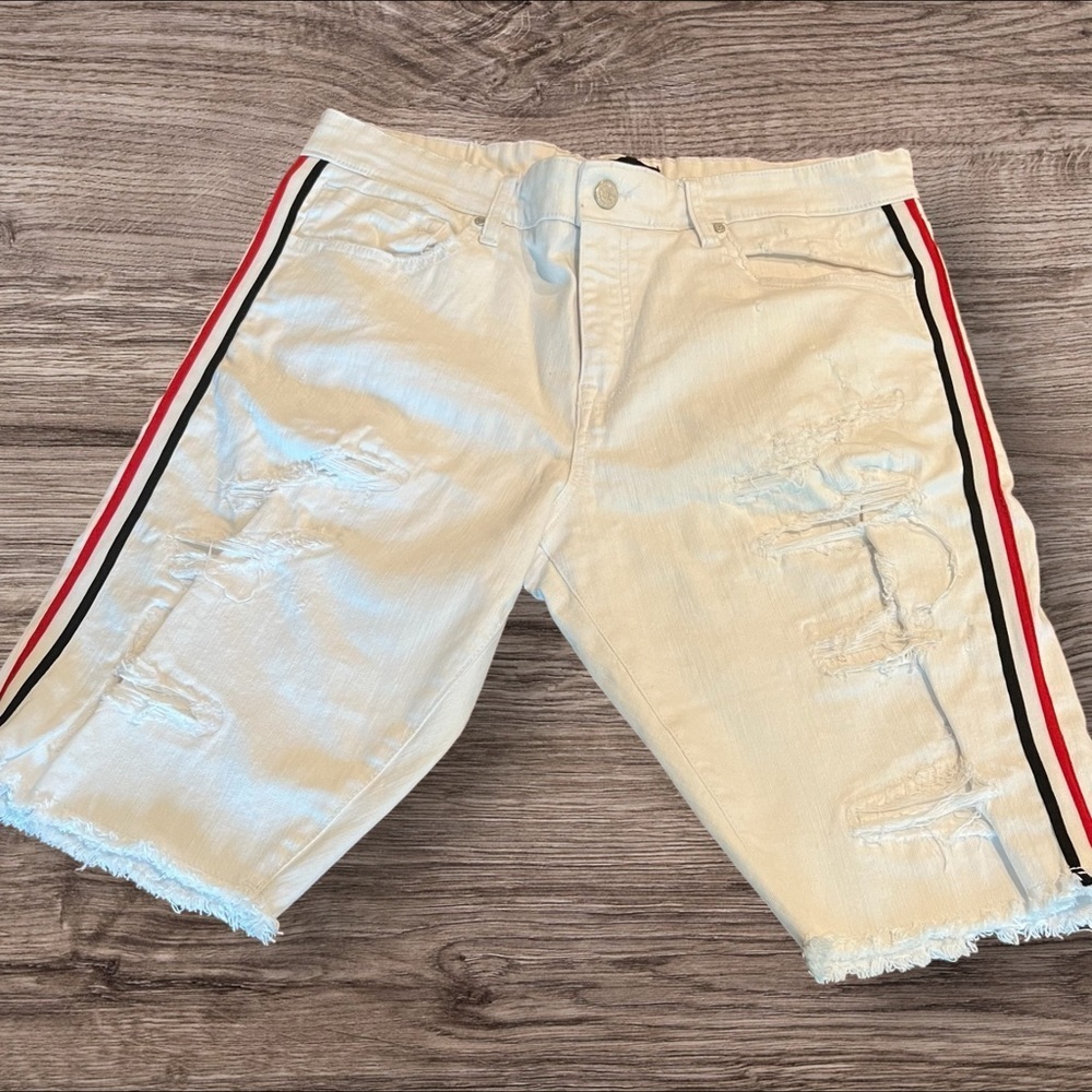 Legacy Edition Men’s Jordan Craig White Distressed Shorts Red Blue Stripe 36